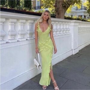House of CB NWOT Pixie' lime ruffle georgette maxi dress, small